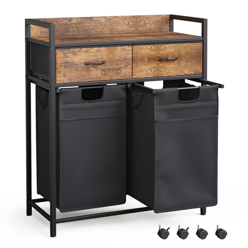 Mondeer Wäschekorb 2 Fächer, Wäschesammler mit Ablage und 2 Schubladen, Wäschebox mit herausnehmbare Wäschesäcke, Für Waschküche Schlafzimmer, 2x50L, 72 x 33 x 91.5 cm, Vintagebraun und Schwarz Mondeer Wäschekorb 2 Fächer, Wäschesammler mit Ablage und 2 Schubladen, Wäschebox mit herausnehmbare Wäschesäcke, Für Waschküche Schlafzimmer, 2x50L, 72 x 33 x 91.5 cm, Vintagebraun und Schwarz von Mondeer