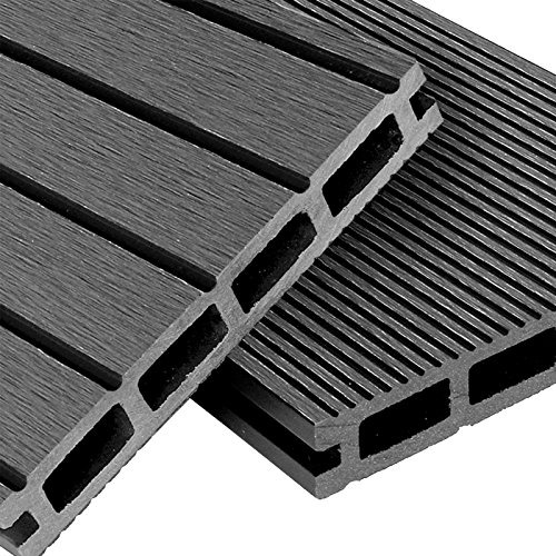 WPC Terrassendielen Basic Line - Komplett-Set hellgrau | 8m² (4m x 2m) Holz-Brett Dielen | Boden-Fliesen + Unterkonstruktion & Clips | Balkon Boden-Belag + rutschfest + witterungsbeständig von Mondesi