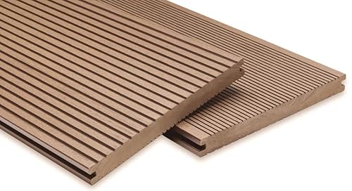 WPC Terrassendielen Breitdielen Massiv XL - Komplett-Set Hellbraun | 44m²(4m x 11m) | Boden-Fliesen + Unterkonstruktion & Clips | Balkon Boden-Belag + rutschfest + witterungsbeständig von Mondesi