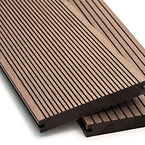 WPC Terrassendielen Massiv Dielen - Komplett-Set Dunkelbraun | 8 m² (4m x 2m) Holz-Brett Dielen | Boden-Fliesen + Unterkonstruktion & Clips | Balkon Boden-Belag + rutschfest + witterungsbeständig von Mondesi