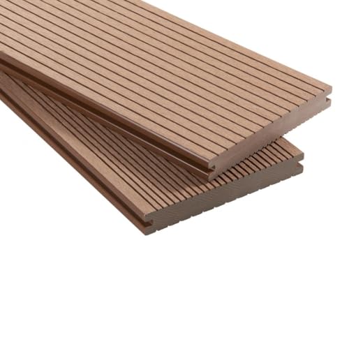 WPC Terrassendielen Massiv Dielen - Komplett-Set Hellbraun | 12 m² (3m x 4m) Holz-Brett Dielen | Boden-Fliesen + Unterkonstruktion & Clips | Balkon Boden-Belag + rutschfest + witterungsbeständig von Mondesi
