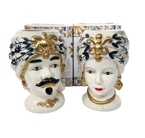 Paar Brombeerköpfe Königin und König aus verzierter Keramik im sizilianischen Stil Moderne Gic Vasen (12 x H 18 cm, Gold) von Mondocreazioni