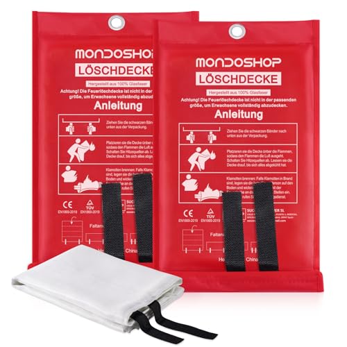 Mondoshop Feuerlöschdecke Küche Löschdecke Fettbrand- 1x1 m Branddecke Küche gemäß DIN EN 1869:2019 aus Glasfasertücher, Löschdecke für Fettbrände, Camping Grill, Wohnwagen, Küchen, Schule, 2 Stück von Mondoshop