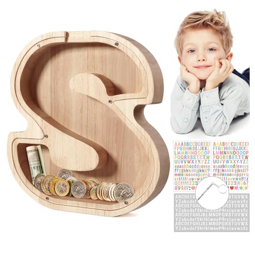 MoneRffi Holz Spardose Kinder mit Personalisierten A-Z Buchstaben, Kreative Durchsichtige Spardose, Sparbüchse Sparschwein für Familie, Weihnachten, Geburtstag, Geschenk, DIY Dekoration von MoneRffi