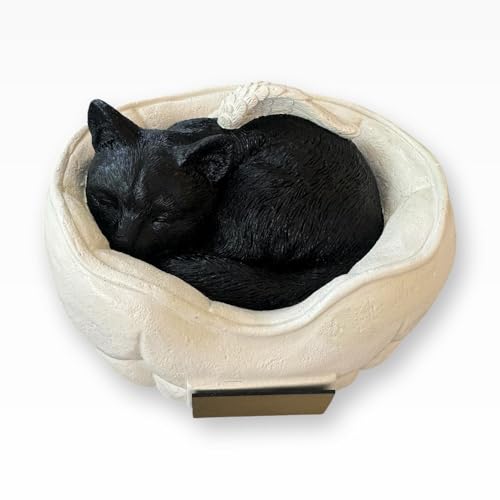 Monello Katzenurne Schlafende Katze, Tierurne mit Engelsflügeln, 1L Füllvolumen, für Katzen bis 15 kg, mit Gravur auf Wunsch (Creme-Schwarz) von Monello