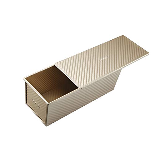 Monfish Brotbackformen Toast Brot Backform Pullman Laib Pfanne Brot Laib Dose mit verschiebbarem Deckel Aluminium Stahl 1000g Teig Champagner Gold Antihaft 34 x 13,5 x 12 cm von Monfish