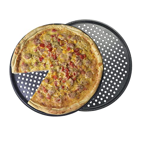 Monfish Pizzablech 36cm rund und gelocht, 2er Set, perforierte antihaft Pizzapfanne aus Karbonstahl, Pizzaform für Ofen von Monfish