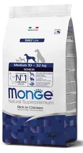 Monge Natural Superpremium Medium Senior Rich in Chicken, Trockenfutter für Senior Hunde (Trockenfutter aus Hühnchen, ohne Farb- und Konservierungsstoffe, darmunterstützendes Futter, 12 kg) von Monge