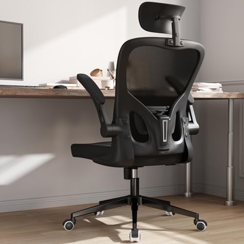 Monhey Ergonomischer Bürostuhl – Verstellbarer Schreibtischstuhl mit Lendenstütze, Kopfstütze, klappbaren Armlehnen & Netzrückenlehne – Home Office Stuhl, drehbar, atmungsaktiv von Monhey
