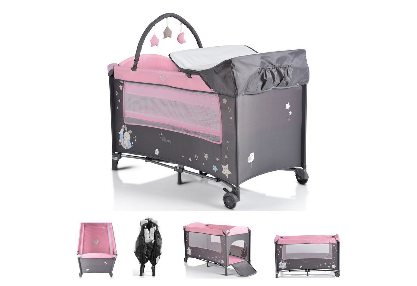 Moni Baby-Reisebett Reisebett Sleepy Rollen, Wickelauflage, Matratze, Spielbogen, Seiteneingang von Moni