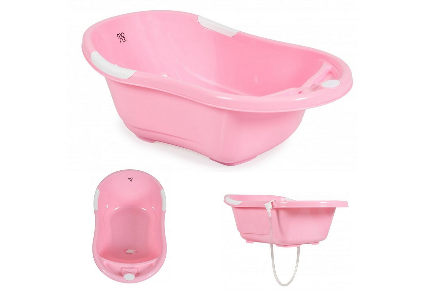 Moni Babybadewanne Babybadewanne Lilly, platzsparend mit Wasserablauf, Ablagefächer für Zubehör von Moni