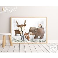 A3 Kinderzimmer Bild - Poster Waldtiere Baby Wald Tiere Reh Fuchs Bär & Waschbär | 400 Mg Papier von Hugs4Paper