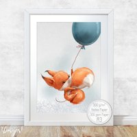 Kinder Jungen Poster [A3] Fuchs Am Ballon Waldtiere Kinderzimmer Deko Tiere Fluffy Hugs von Hugs4Paper