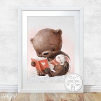 Kinderzimmer Bild [A3] Bär Mit Kuschel Hase - Waldtiere Deko Tiere Fluffy Hugs von Hugs4Paper