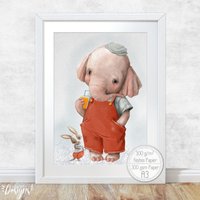 Kinderzimmer Bild [A3] Elefant Mit Latzhose Jungen Deko Tiere Fluffy Hugs von Hugs4Paper