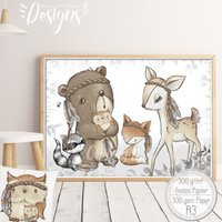 Kinderzimmer Bilder | A3 Babyzimmer Poster | Boho Waldtiere Tiere Reh Fuchs Eule Kinderbild |Set 52 von Hugs4Paper