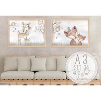 Kinderzimmer Poster | A3 Boho Waldtiere Kinderbild Babyzimmer Bilder von Hugs4Paper