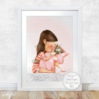 Kinderzimmer Poster [A3] Mädchen Mit Katze Deko Tiere Fluffy Hugs von Hugs4Paper