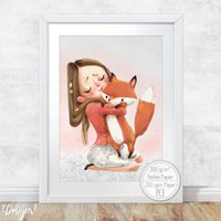 Mädchen Poster [A3] Süßer Fuchs - Waldtiere Kinderzimmer Bild Deko Tiere Fluffy Hugs von Hugs4Paper