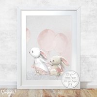 Hasen Mit Ballon Poster [A3] Kinderzimmer Babyzimmer Deko Tiere Fluffy Hugs Bild von Hugs4Paper