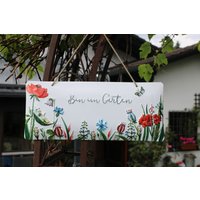 Emaille-Schild Mit Prägung "Bin Im Garten", 35 X 15 cm, Kordelaufhängung von Monisdekoshop
