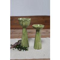 Vasen Bzw. Kerzenhalter "Lotus" Aus Keramik, 2Er Set, Grün, Höhe 16, 5 Und 20 cm von Monisdekoshop
