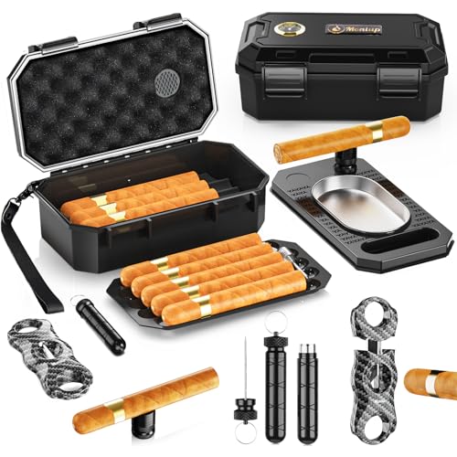 Reise-Humidor-Box-Set mit Zigarrenzubehör – Cutter, Aschenbecher, Verstärker, 2 Halter, Luftbefeuchter & Hygrometer, tragbare Hülle für Männer Geschenk von Moniup