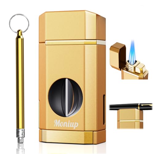 Triple Jet Torch Feuerzeug mit One-Touch-Cutter Halter Draw Enhancer Tool Geschenke für Männer Butan Nachfüllbar Feuerzeug Multifunktional All-in-One Feuerzeug mit Zubehör für Outdoor Reisen Kerzen von Moniup
