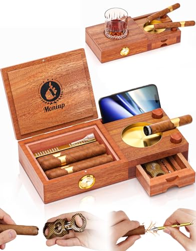 Zigarren-Humidor und Aschenbecher Set, Zedernholz ausgekleidet, mit V Zigarrenschneider, Hygrometer, Luftbefeuchter, Draw Enhancer, Whiskey Tablett, Telefon & Zigarrenhalter, Humidor Zigarrenbox mit von Moniup