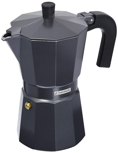 Monix Vitro Noir | Italienische Aluminium-Kaffeemaschine für 6 Tassen, geeignet für alle Herdarten außer Induktion, schwarze Farbe von Monix