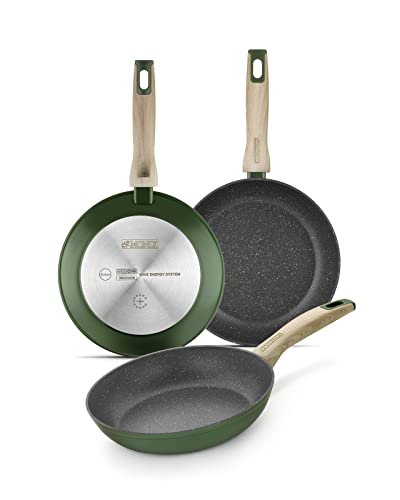 Monix Amazonia Pfannen-Set, 3 Stück, 18 – 22 – 26 cm, geschmiedetes Aluminium, Antihaftbeschichtung, dreischichtig, mit Titan verstärkt, ohne PFOA, geeignet für alle Herdarten und Induktion von Monix