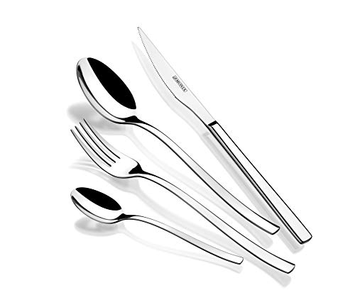 MONIX Génova | 24-teiliges Besteckset mit Steakmesser, Edelstahl 18/10, avantgardistisches und modernes Design, glänzend polierte Oberfläche, Dicke 2,5 mm (6 Personen), Farbe Silber von Monix