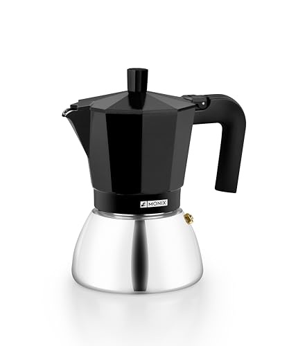 Monix Induction Inox | Italienischer Kaffeekocher aus Aluminium und Edelstahl, Fassungsvermögen für 9 Tassen, hitzebeständiger Griff, geeignet für alle Herdarten einschließlich Induktion, Schwarz von Monix