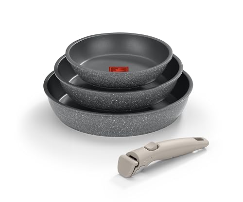Monix One Click Pietra | Set mit 3 stapelbaren Pfannen, 20 – 24 – 26 cm, Antihaftbeschichtung, abnehmbarer Griff, Thermonix-Temperaturanzeige, PFOA-frei, geeignet für alle Herdarten von Monix