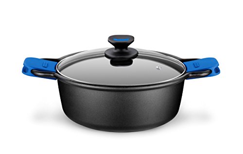 MONIX Solid+ | Hoher Schmortopf, Glasdeckel und Silikongriffe, 8 Liter, Aluminium, Schwarz und Blau, 32 cm MONIX Solid+ | Hoher Schmortopf, Glasdeckel und Silikongriffe, 8 Liter, Aluminium, Schwarz und Blau, 32 cm von Monix