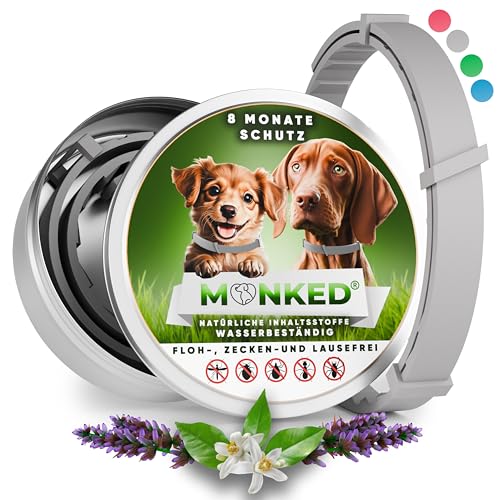 Monked | Natürliches Flohhalsband Hunde ohne Chemie | Zeckenhalsband für Hunde klein & groß | Größenverstellbar | bis 8 Monate Schutz | Zeckenschutz Hund | Anti Floh Hund | Anti Floh Hund [Grau] von Monked