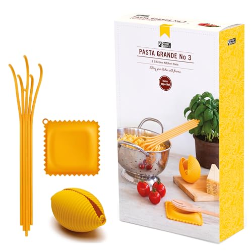 Monkey Business Silikon-Küchenwerkzeuge im Geschenkkarton, 3 große Küchenhelfer in Pasta-Form, Ravioli-Löffelablage, Conchiglie-Zitronenpresse, Spaghetti-Servierlöffel - Pasta Grande No. 3 von Monkey Business