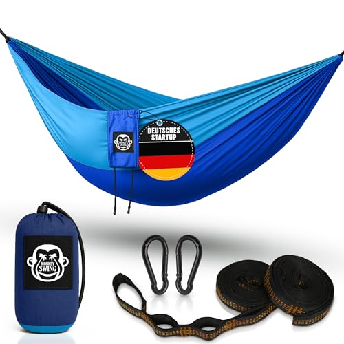Monkey Swing Hängematte Ultraleicht inkl. Karabiner & Schwerlastgurten (bis 300  kg belastbar, 275 x 140 cm) – ideal für Camping, Outdoor, Trekking & als Reisehängematte (Blau) von Monkey Swing