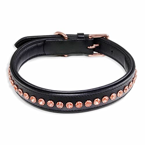 Monkimau Halsband Hund echt Leder Hunde Halsbänder schwarz mit Rosegold Kristallen Lederhalsband verstellbar Dog Collar Hundehalsband (M: 20mm x 55cm) von Monkimau