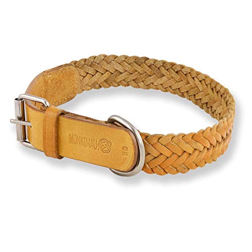 Monkimau Lederhalsband für Hunde, breit geflochten, Beige, M 37-43 cm von Monkimau