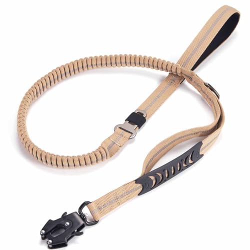 Monkimau Taktische Hundeleine für Große Hunde Stoßdämpfendes Design mit Edelstahl-Frog-Clip, Reflektierend und Langlebige Leine - 130cm bis 180cm (beige) von Monkimau