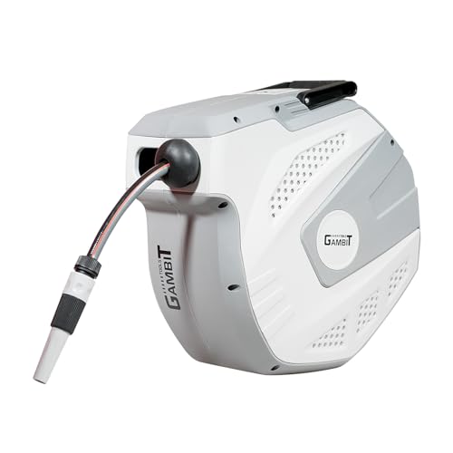 GAMBIT TOOLS Wasserschlauchaufroller, 25m Länge, 1/2 Zoll Anschluss, mit Wandhalterung und Automatischer Aufrollmechanik, Weiß/Grau von Monopol