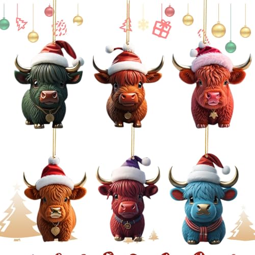 Kuh Christbaumschmuck, Weihnachtsschmuck Hochlandkuh, Acryl Cartoon Kuh Dekorative Hängende Ornamente, 2D Flache Weihnachtsdekorationen, Tierornamente Für Zuhause, 6 Stück von Monozoz