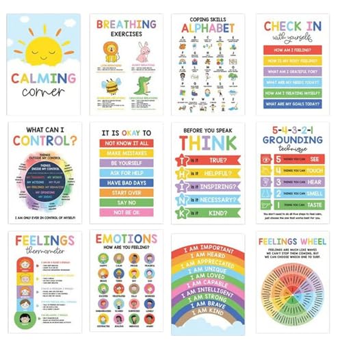 Monozoz 12 Kreidetafel-Poster mit beruhigender Ecke, für Klassenzimmer, Must-Haves für Lehrer – Calm Down Corner Supplies Elementar, Gefühle-Tabelle für Kinder im Alter von 4–8 Jahren, Emotionstabelle von Monozoz