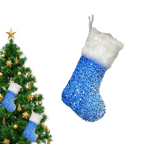 Monozoz Glitzer-Paillettenstrumpf für Weihnachten – Glitzer-Strumpf Weihnachtstasche – Weihnachtsbaumschmuck, Weihnachtsbevorzugung Leckerli Pailletten Plüsch Strumpfbeutel für Kekse von Monozoz