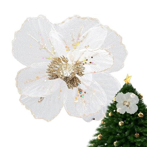 Monozoz Glitzernde Weihnachtsblumen, Weihnachtsbaumschmuck, künstliche Blumen mit Stielen – künstlicher Weihnachtsstern, Pailletten, Stoffblume für Weihnachtsbaum-Dekoration von Monozoz