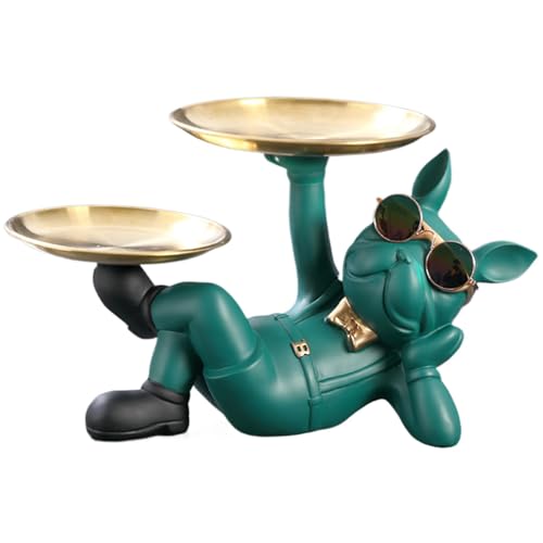 Monozoz Hundeskulptur mit Tablett | Hundedekoration Schlüsselhalter mit Tablett – Harz Bulldogge Figur Ornamente, Französische Bulldogge Zubehör für Halloween Thanksgiving Weihnachten von Monozoz