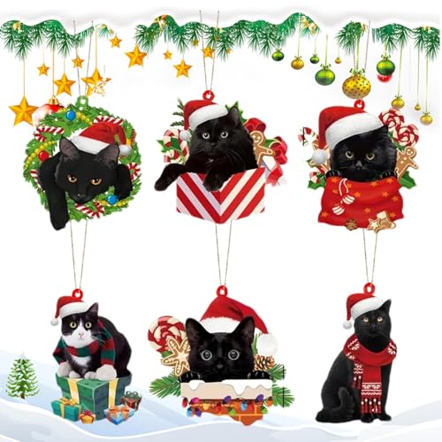 Monozoz Katze Weihnachtsbaum Ornamente | 6 Stück Acryl Weihnachten Katze Ornament Set Hängende Dekorationen - Bauernhaus Weihnachtsbaum Ornamente Aufhänger Dekor für Bäume Wand Fenster von Monozoz