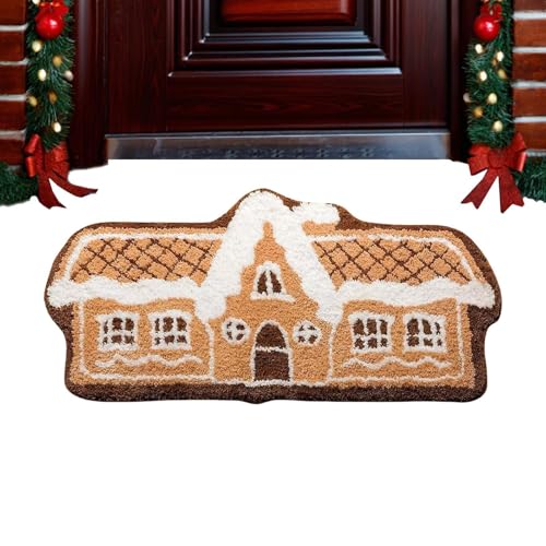 Monozoz Lebkuchen-Fußmatte, Plüsch-dekorativer Teppich, rutschfeste Fußmatte, Lebkuchenhaus, Willkommens-Fußmatte für Haustür, Weihnachts-Lebkuchen-Dekor, Weihnachtsdekorationen von Monozoz