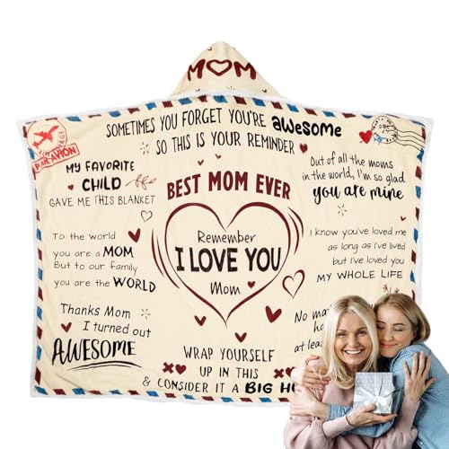 Monozoz Mom Blanket From Son | Umschlag-Design Love Mom Kapuzendecke | Flanell doppellagig tragbar AC Quilt für Frauen Freundinnen Spa Day von Monozoz
